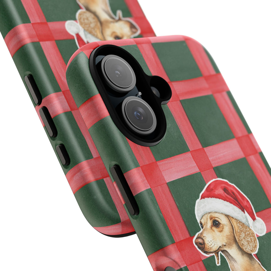 Dachshund Christmas Tough iPhone Case, Red Green Plaid, Santa Dog Phone Cover
