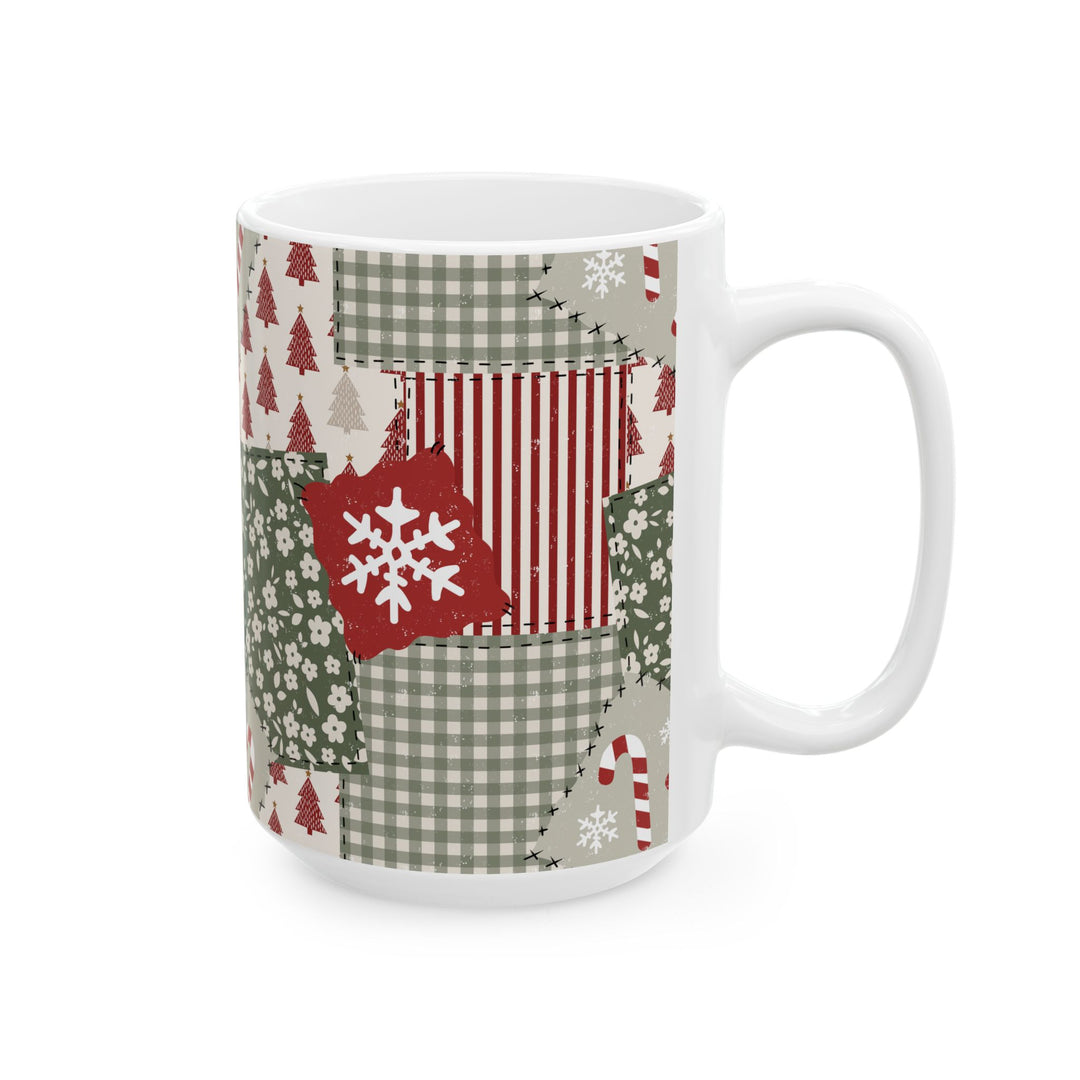 Christmas Patchwork Ceramic Mug, Red Sage Floral Gingham Coffee Cup, Rustic Holiday Gift, 11oz and 15oz