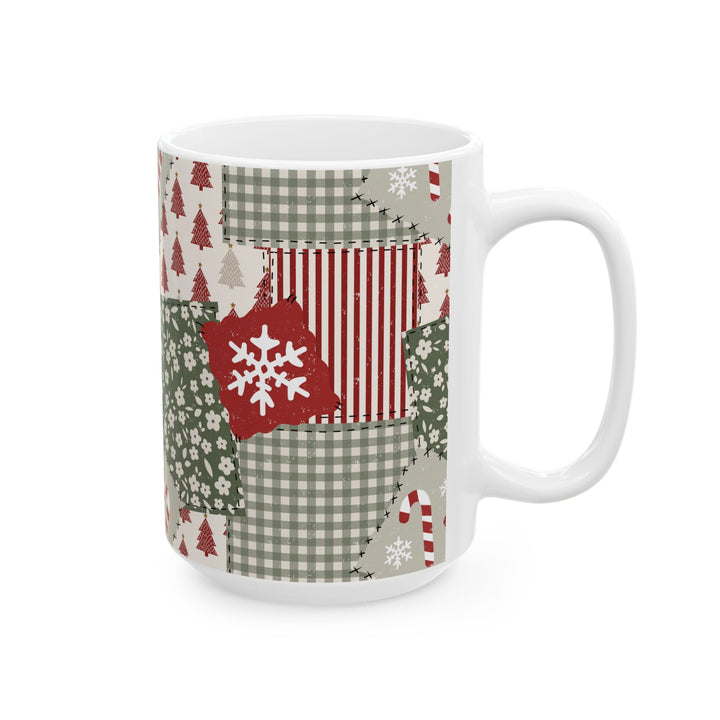 Christmas Patchwork Ceramic Mug, Red Sage Floral Gingham Coffee Cup, Rustic Holiday Gift, 11oz and 15oz
