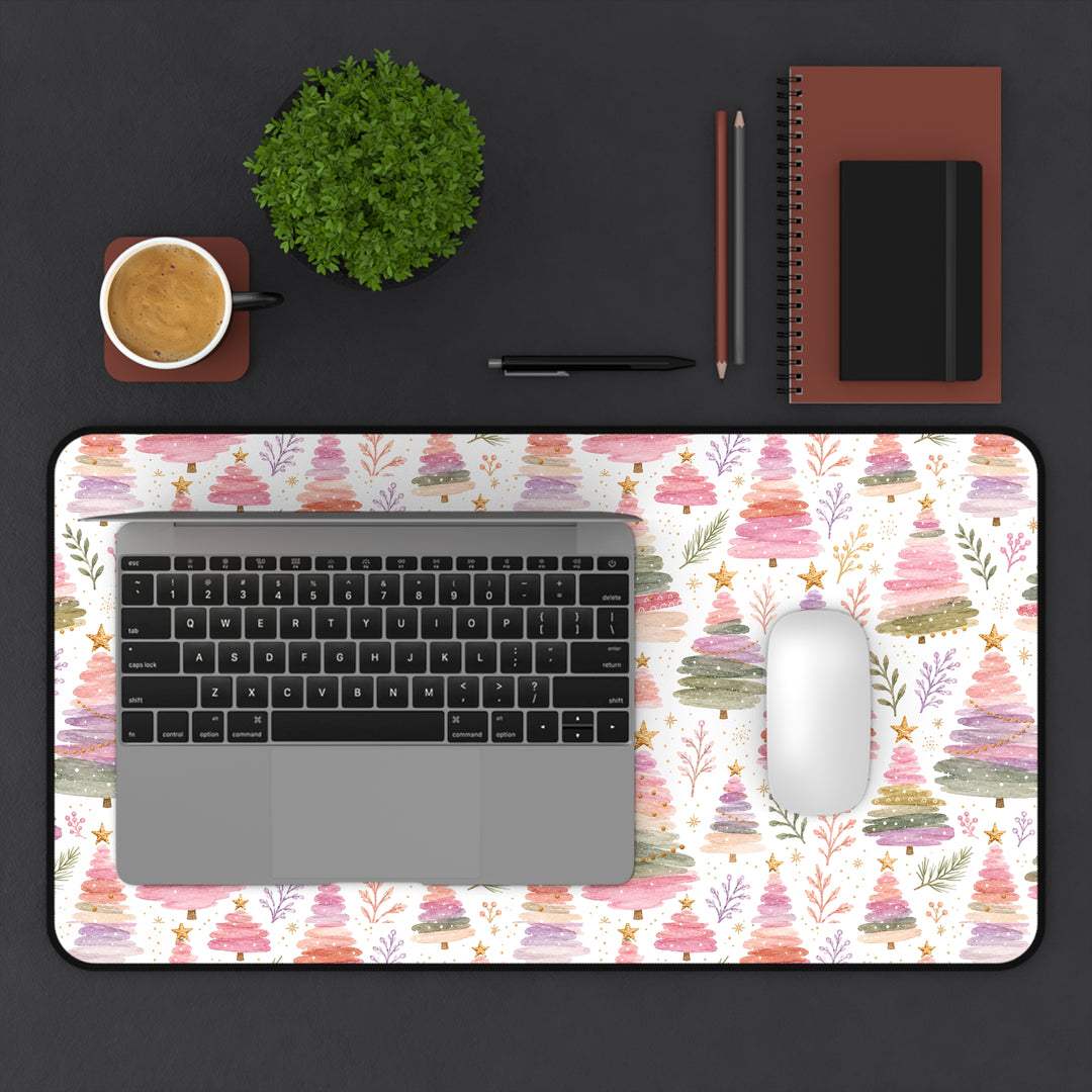 Pastel Watercolor Christmas Tree Desk Mat, Pink Sage Lavender Holiday Desk Pad, Cozy Office Decor
