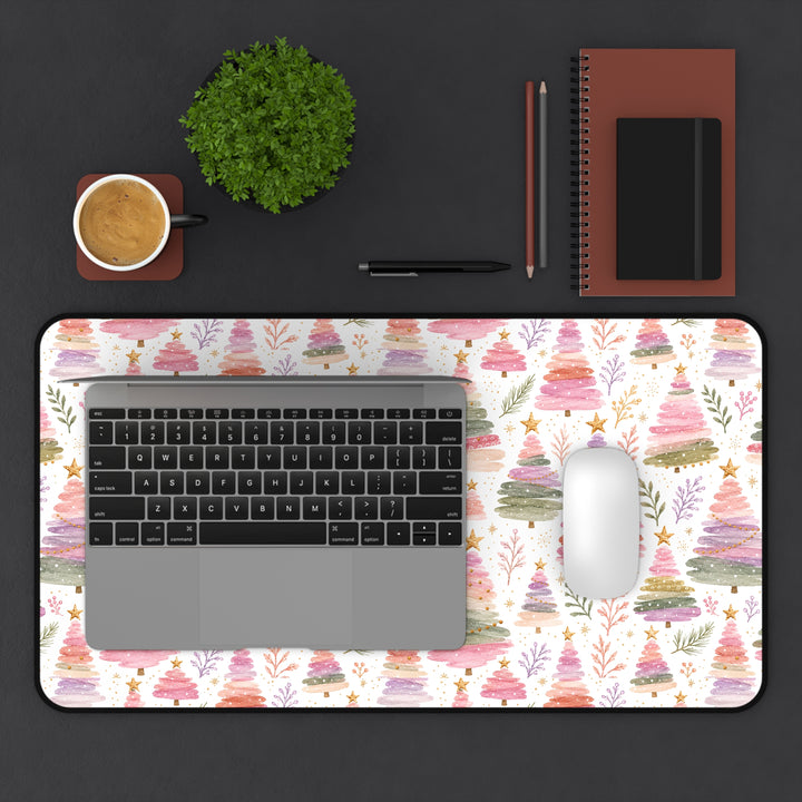 Pastel Watercolor Christmas Tree Desk Mat, Pink Sage Lavender Holiday Desk Pad, Cozy Office Decor