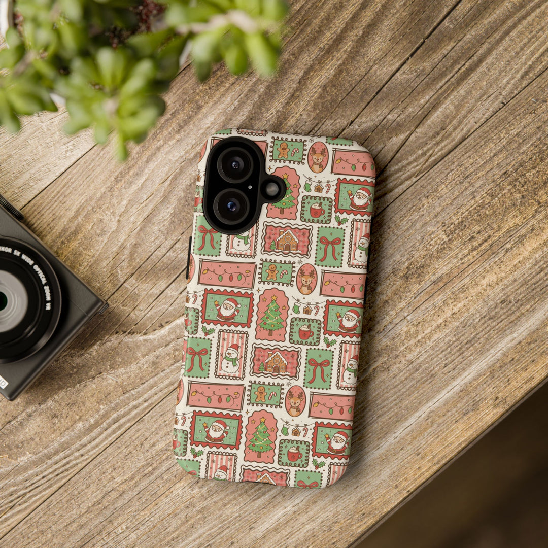 Vintage Christmas Frames Tough iPhone Case, Santa Snowman Gingerbread Holiday Phone Cover, Matte or Glossy