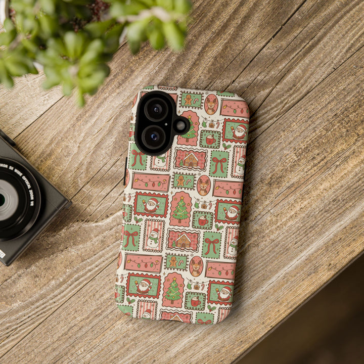 Vintage Christmas Frames Tough iPhone Case, Santa Snowman Gingerbread Holiday Phone Cover, Matte or Glossy