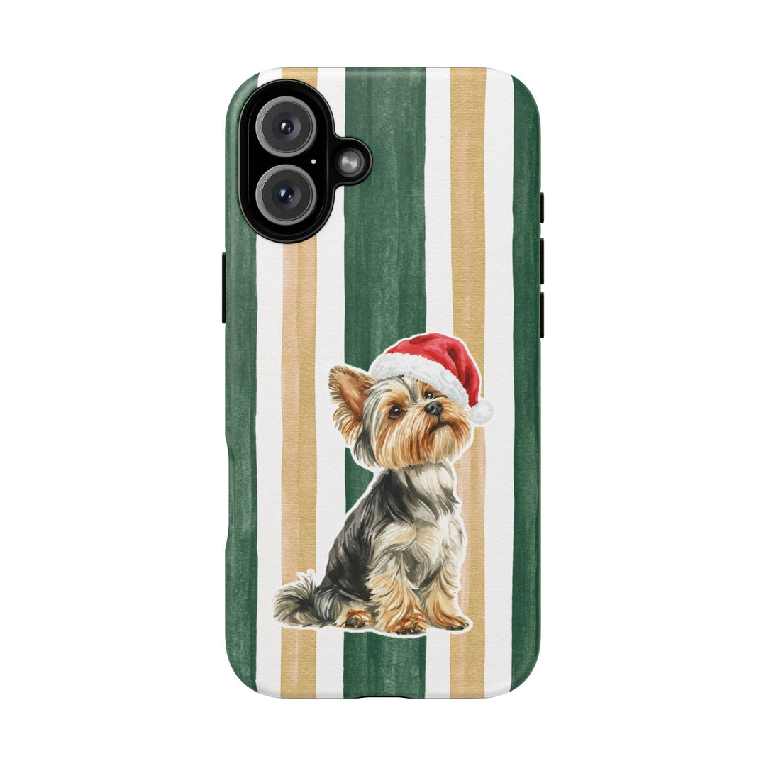 Yorkshire Terrier Christmas Tough iPhone Case, Green Gold Stripes, Santa Dog Phone Cover