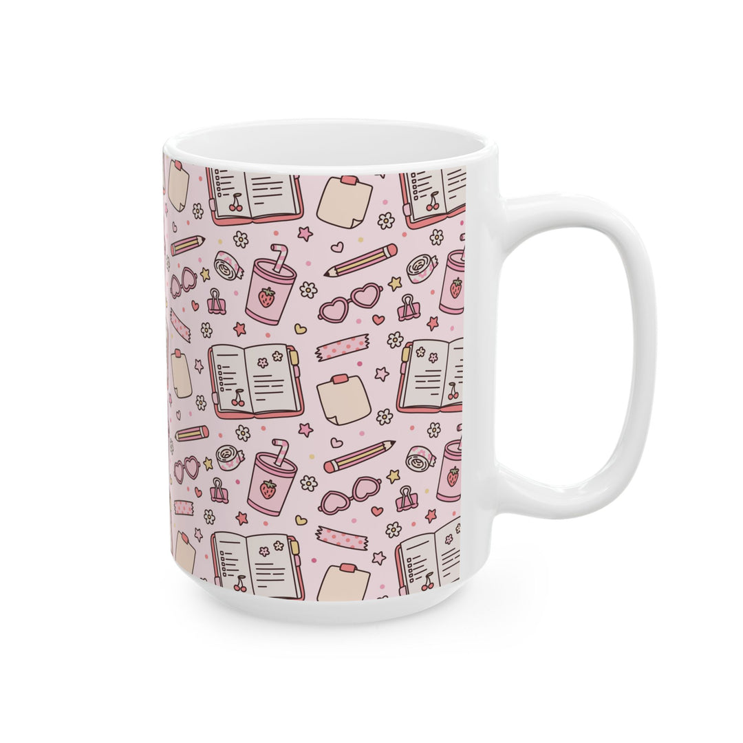 Pink Stationery Ceramic Mug, Planner and Pencil Coffee Cup, Back to School Teacher Gift, 11oz and 15oz