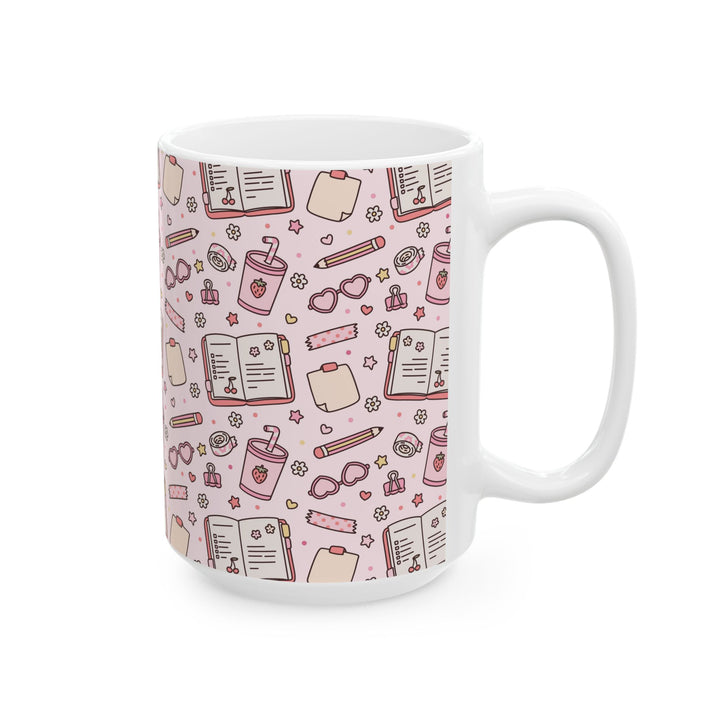 Pink Stationery Ceramic Mug, Planner and Pencil Coffee Cup, Back to School Teacher Gift, 11oz and 15oz