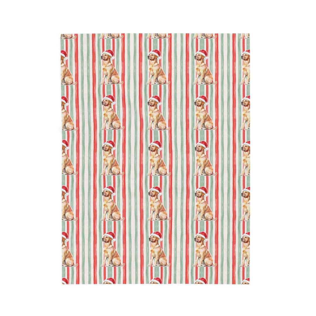 Yellow Labrador Christmas Velveteen Plush Blanket, Red Sage Stripes, Santa Dog Throw