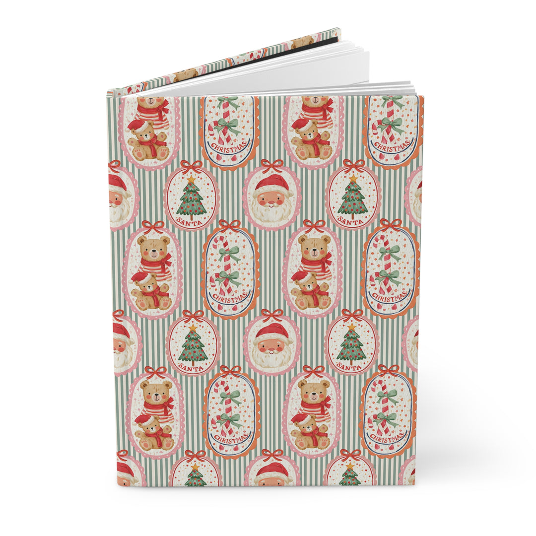 Vintage Santa and Teddy Bear Hardcover Notebook, Green Stripe Christmas Lined Journal, Cute Holiday Stationery Gift