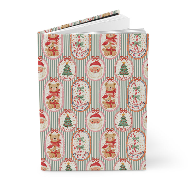 Vintage Santa and Teddy Bear Hardcover Notebook, Green Stripe Christmas Lined Journal, Cute Holiday Stationery Gift