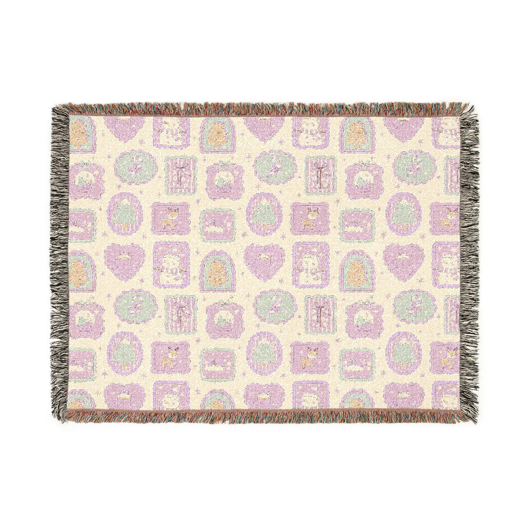 Pink Christmas Frames Woven Blanket, Pastel Snowman Reindeer Cotton Throw, Cute Holiday Sofa Decor