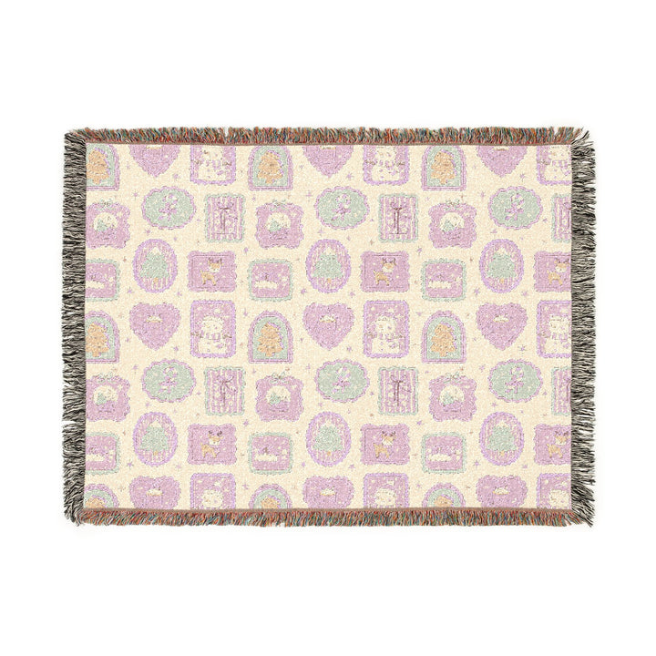 Pink Christmas Frames Woven Blanket, Pastel Snowman Reindeer Cotton Throw, Cute Holiday Sofa Decor