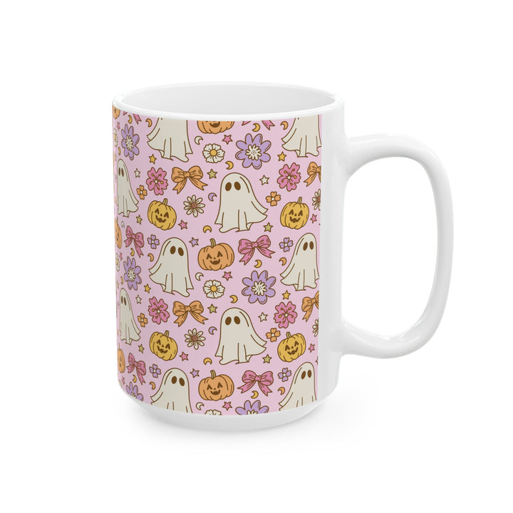 Pink Ghost Bow Ceramic Mug, Floral Pumpkin Halloween Coffee Cup, Cute Pastel Spooky Gift, 11oz and 15oz