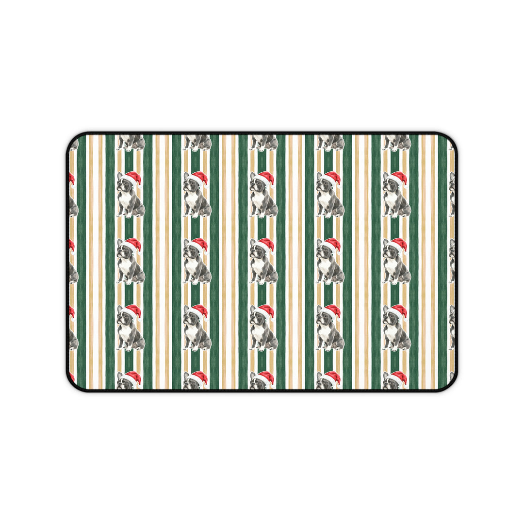 French Bulldog Christmas Desk Mat, Green Gold Stripes, Santa Dog Desk Pad
