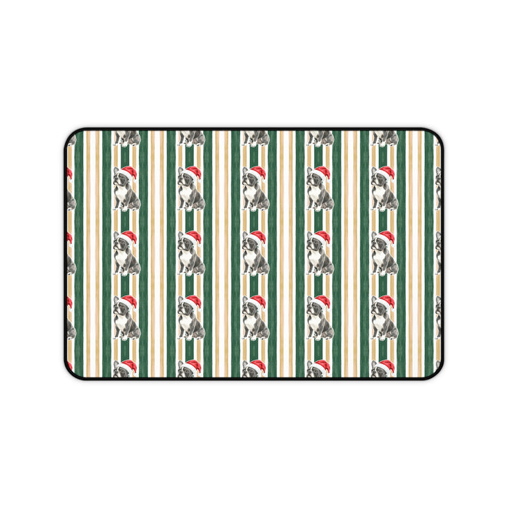 French Bulldog Christmas Desk Mat, Green Gold Stripes, Santa Dog Desk Pad