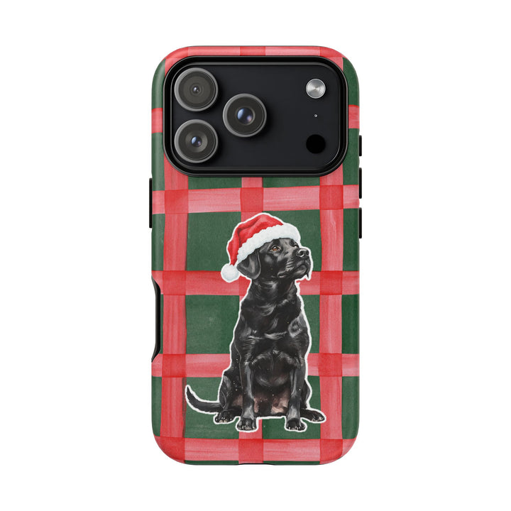 Black Labrador Christmas Tough iPhone Case, Red Green Plaid, Santa Dog Phone Cover