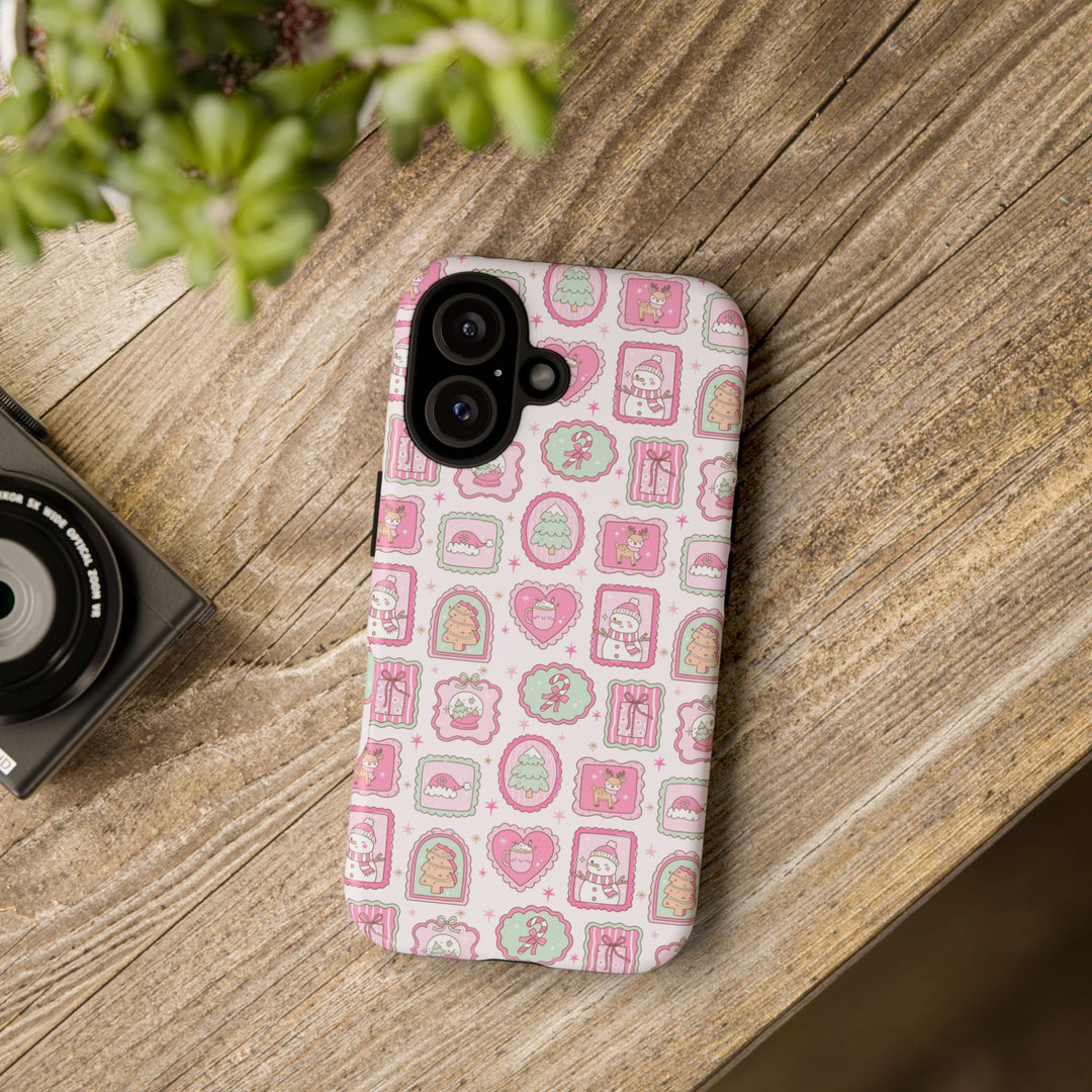 Pink Christmas Frames Tough iPhone Case, Pastel Snowman Reindeer Holiday Phone Cover, Matte or Glossy