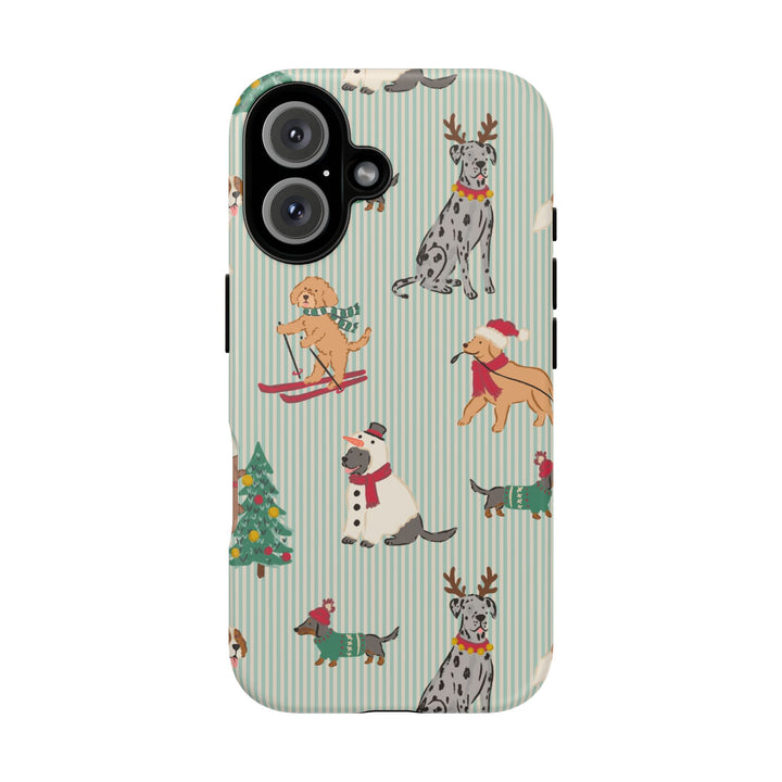 Christmas Dogs Tough iPhone Case, Green Stripe Holiday Dog Phone Cover, Matte or Glossy