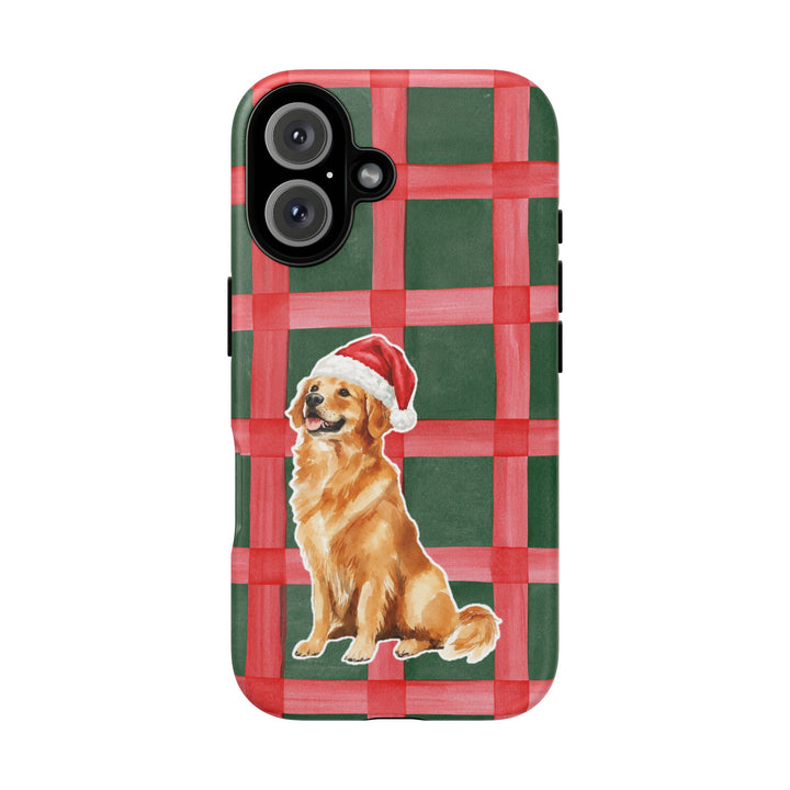 Golden Retriever Christmas Tough iPhone Case, Red Green Plaid, Santa Dog Phone Cover