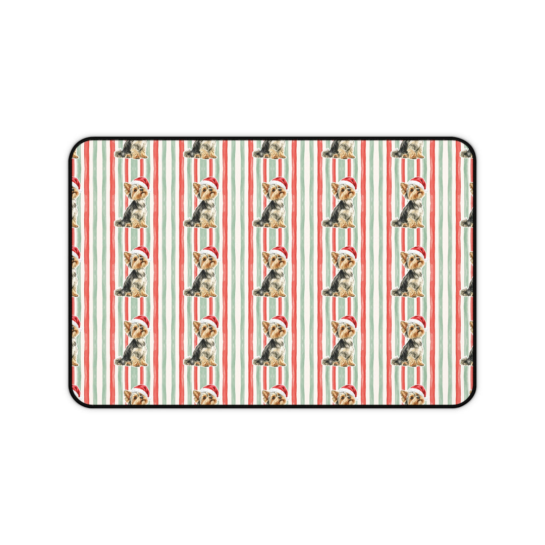 Yorkshire Terrier Christmas Desk Mat, Red Sage Stripes, Santa Dog Desk Pad