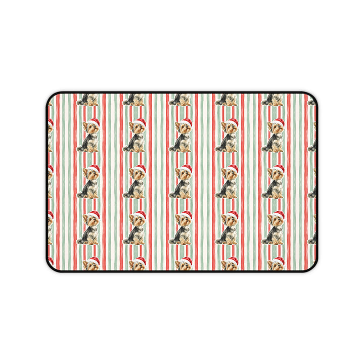 Yorkshire Terrier Christmas Desk Mat, Red Sage Stripes, Santa Dog Desk Pad