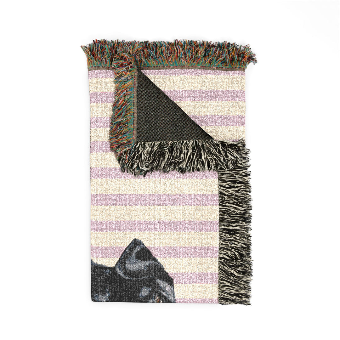 Black Lab Woven Blanket, Pink Stripe Cotton Throw, Labrador Mom Gift, 60 x 50