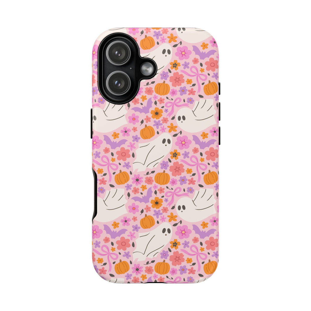 Pink Floral Ghost Tough iPhone Case, Cute Halloween Pumpkin Bat Phone Cover, Matte or Glossy