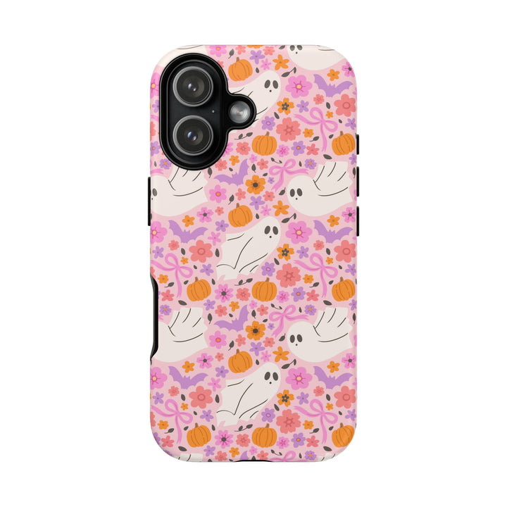 Pink Floral Ghost Tough iPhone Case, Cute Halloween Pumpkin Bat Phone Cover, Matte or Glossy