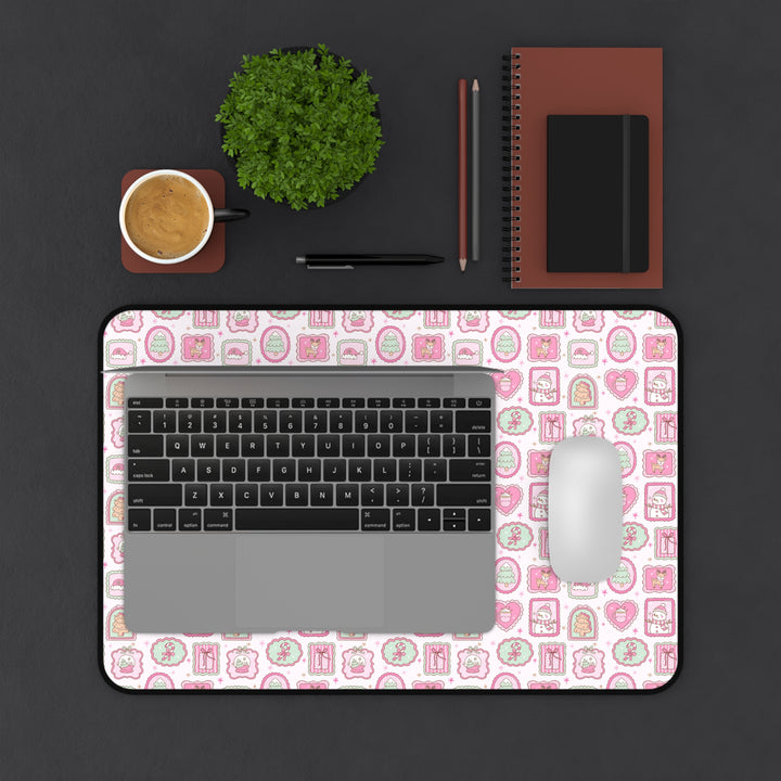 Pink Christmas Frames Desk Mat, Pastel Snowman and Reindeer Desk Pad, Cute Holiday Large Mouse Pad