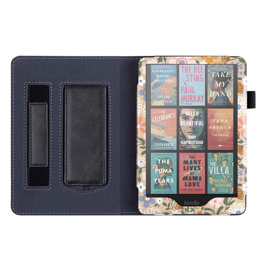 Blue & Yellow Floral Kindle Case with Stand & Hand Strap
