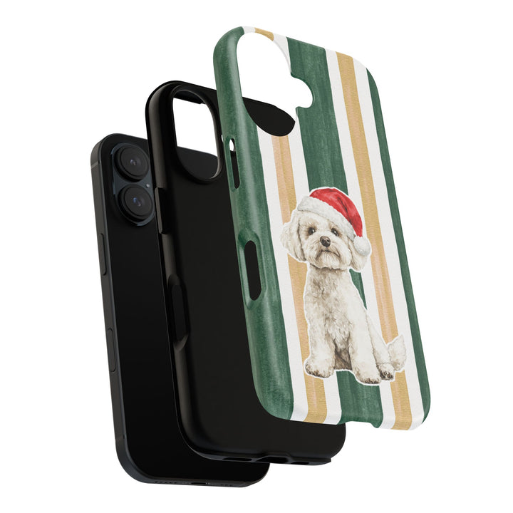 Maltese Christmas Tough iPhone Case, Green Gold Stripes, Santa Dog Phone Cover