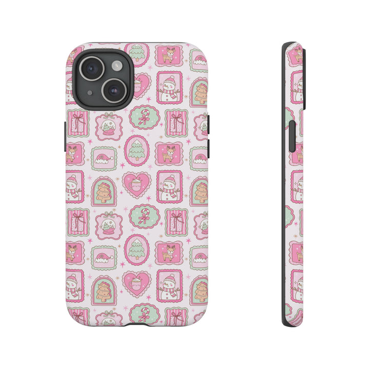Pink Christmas Frames Tough iPhone Case, Pastel Snowman Reindeer Holiday Phone Cover, Matte or Glossy