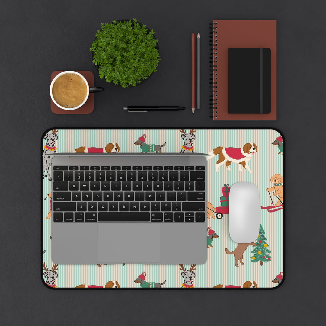 Christmas Dogs Desk Mat, Green Stripe Holiday Dog Desk Pad, Festive Office Decor