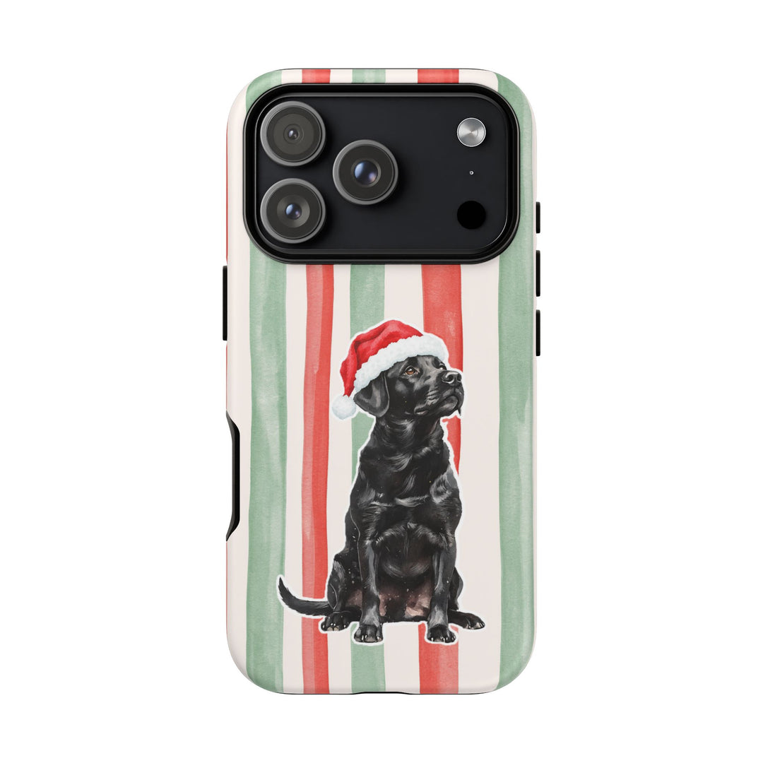 Black Labrador Christmas Tough iPhone Case, Red Sage Stripes, Santa Dog Phone Cover