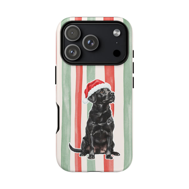Black Labrador Christmas Tough iPhone Case, Red Sage Stripes, Santa Dog Phone Cover