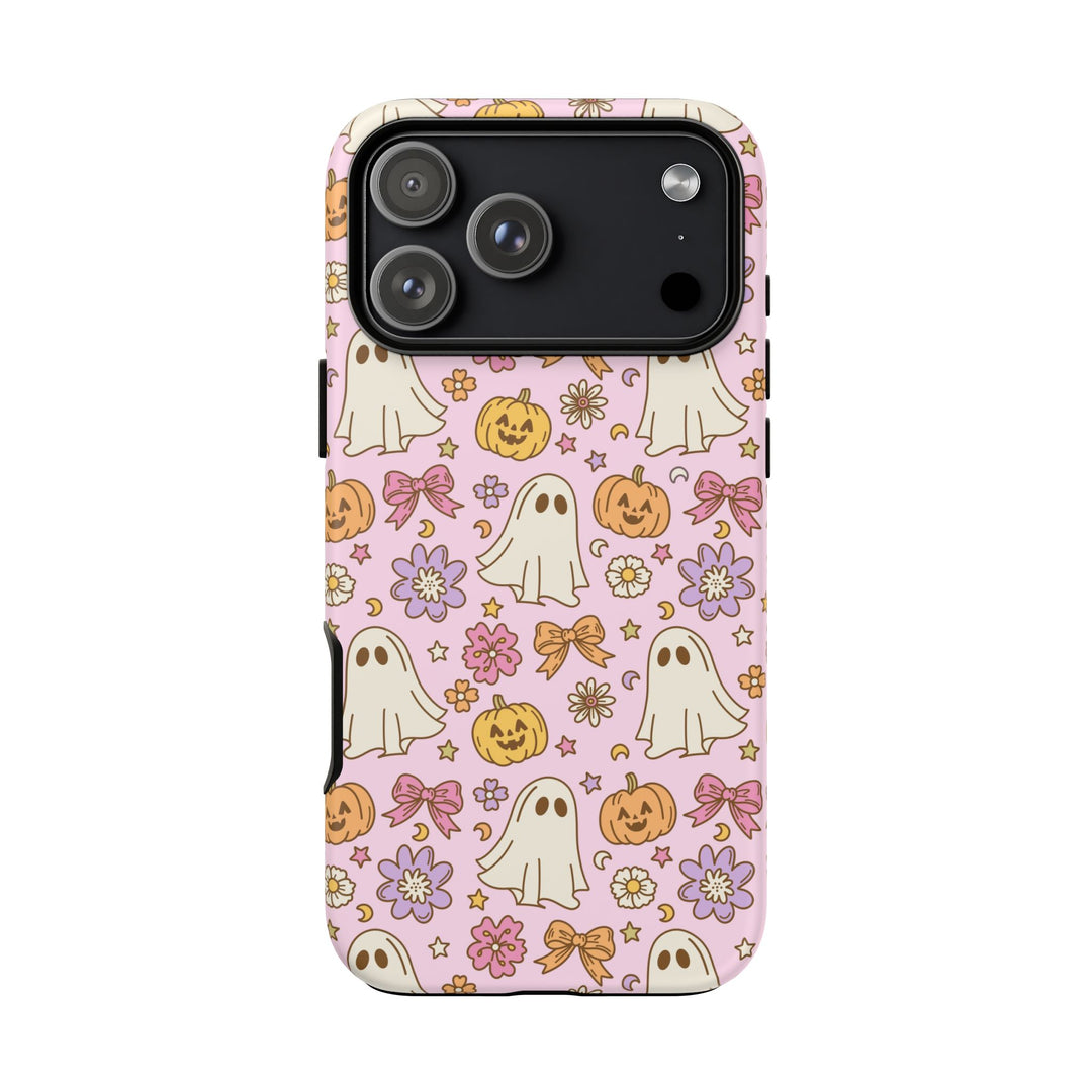 Vintage Ghost Floral Tough iPhone Case, Pink Halloween Pumpkin Bow Phone Cover, Matte or Glossy