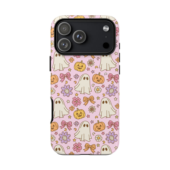Vintage Ghost Floral Tough iPhone Case, Pink Halloween Pumpkin Bow Phone Cover, Matte or Glossy