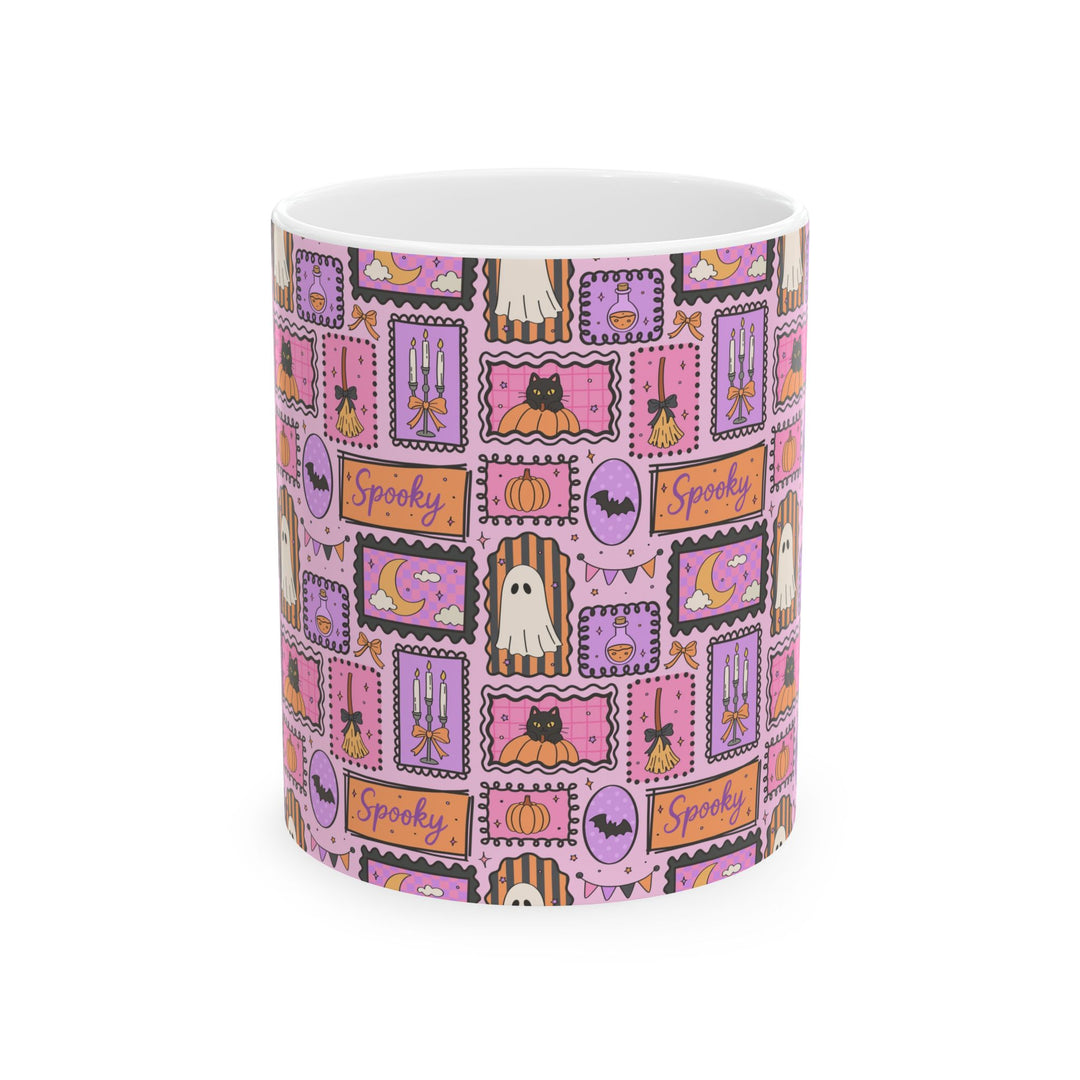 Pink Halloween Stamp Ceramic Mug, Spooky Black Cat Ghost Pumpkin Coffee Cup, Pastel Witchy Gift, 11oz and 15oz