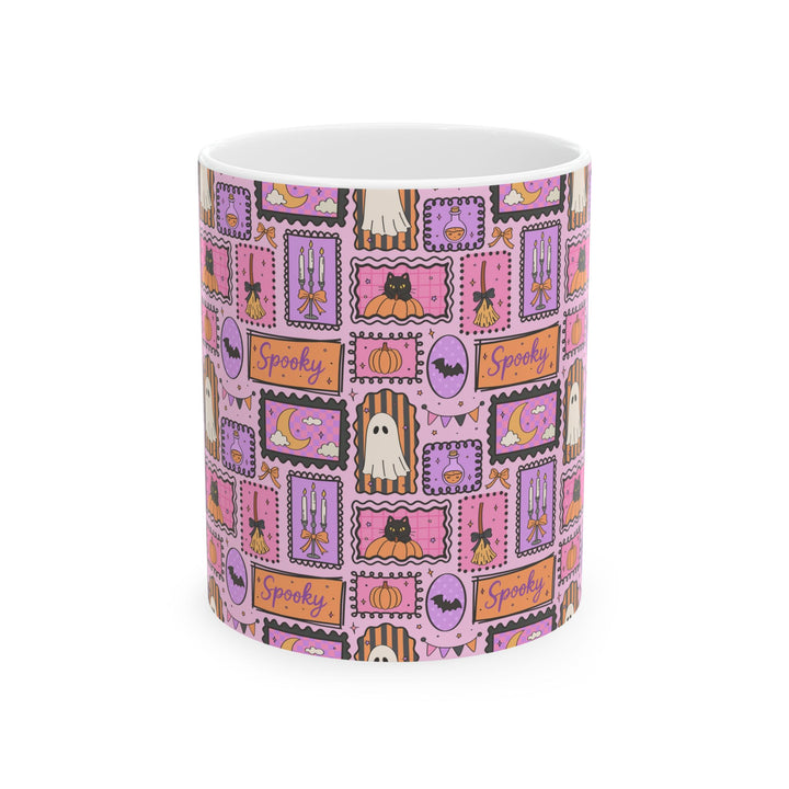 Pink Halloween Stamp Ceramic Mug, Spooky Black Cat Ghost Pumpkin Coffee Cup, Pastel Witchy Gift, 11oz and 15oz