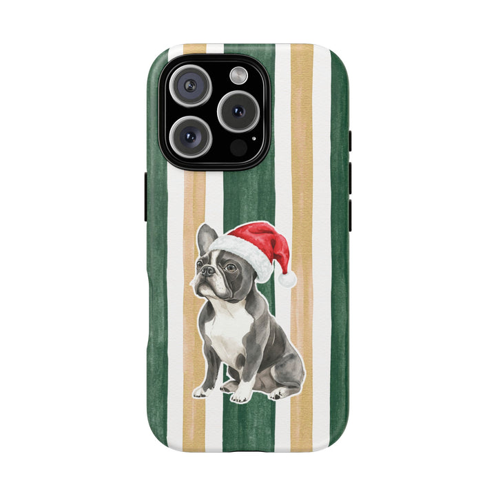 French Bulldog Christmas Tough iPhone Case, Green Gold Stripes, Santa Dog Phone Cover