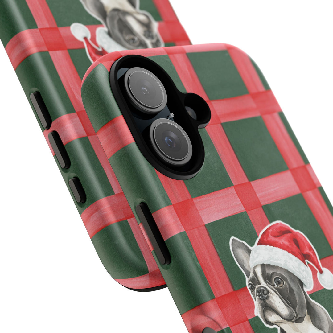 French Bulldog Christmas Tough iPhone Case, Red Green Plaid, Santa Dog Phone Cover