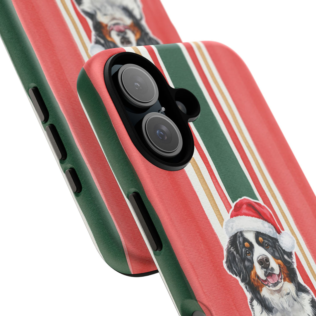 Bernese Mountain Dog Christmas Tough iPhone Case, Classic Red Green Stripes, Santa Dog Phone Cover