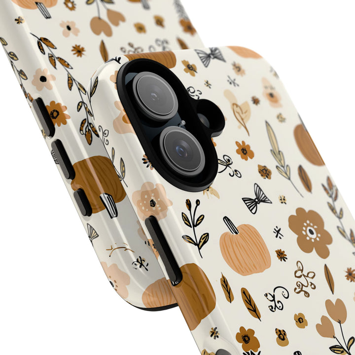 Pumpkin Floral Tough iPhone Case, Autumn Bows Phone Cover, Cream Fall Botanical Case, Matte or Glossy