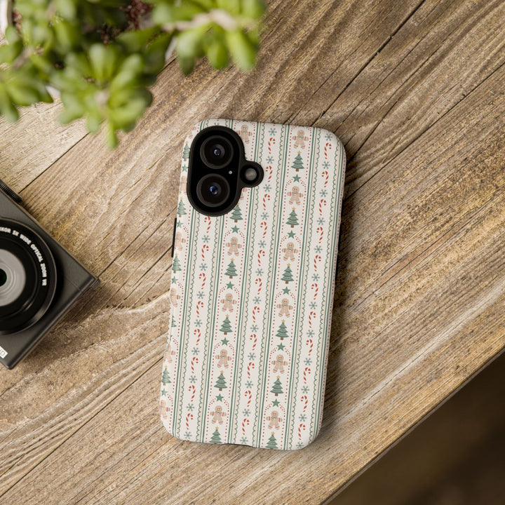 Gingerbread Stripe Tough iPhone Case, Sage Green Christmas Tree Holiday Phone Cover, Matte or Glossy