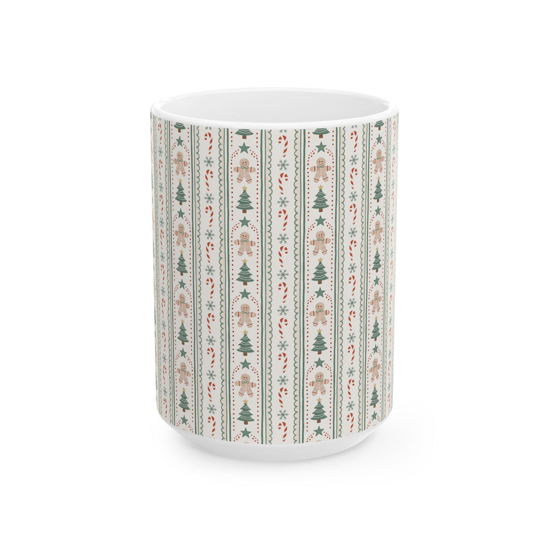 Gingerbread Stripe Ceramic Mug, Sage Green Christmas Tree Coffee Cup, Vintage Holiday Gift, 11oz and 15oz