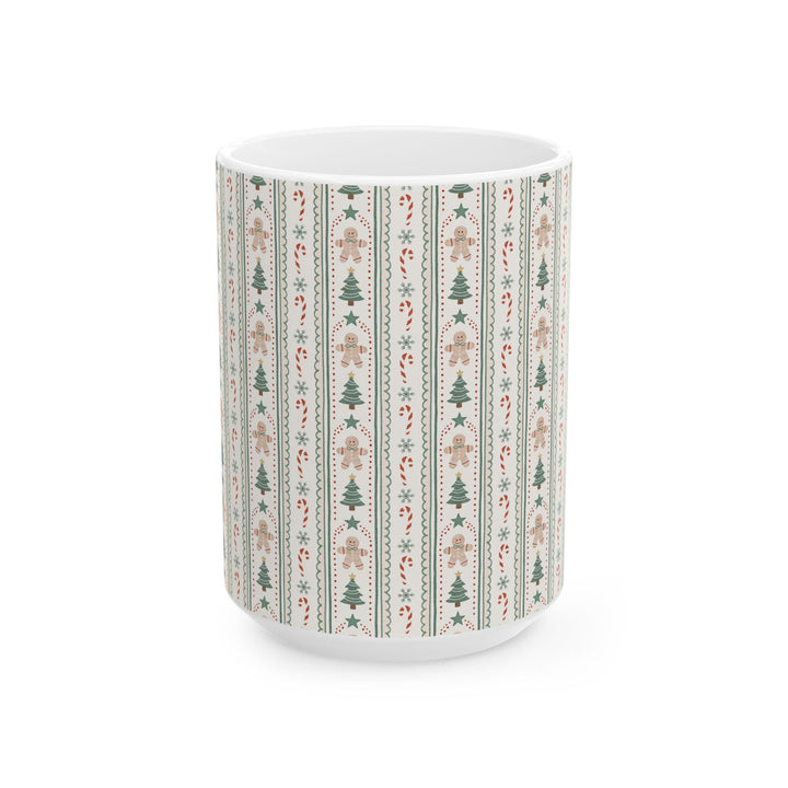Gingerbread Stripe Ceramic Mug, Sage Green Christmas Tree Coffee Cup, Vintage Holiday Gift, 11oz and 15oz