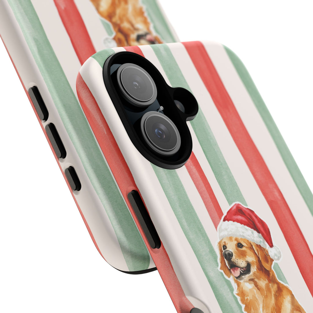 Golden Retriever Christmas Tough iPhone Case, Red Sage Stripes, Santa Dog Phone Cover