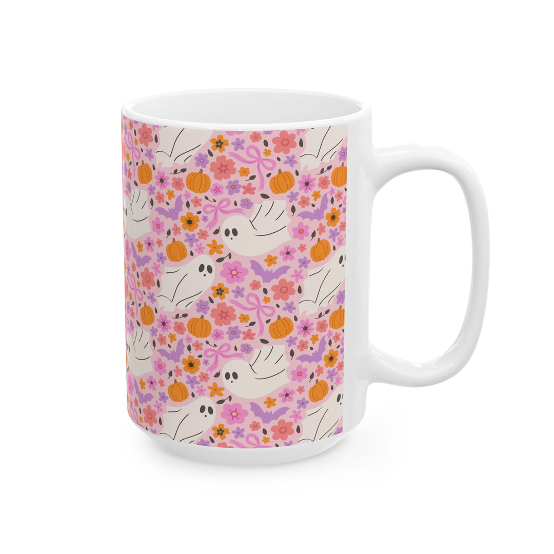 Pink Floral Ghost Ceramic Mug, Cute Halloween Pumpkin Coffee Cup, Pastel Spooky Gift, 11oz and 15oz