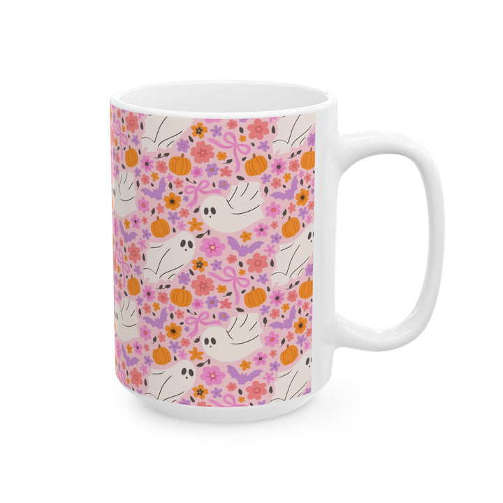 Pink Floral Ghost Ceramic Mug, Cute Halloween Pumpkin Coffee Cup, Pastel Spooky Gift, 11oz and 15oz