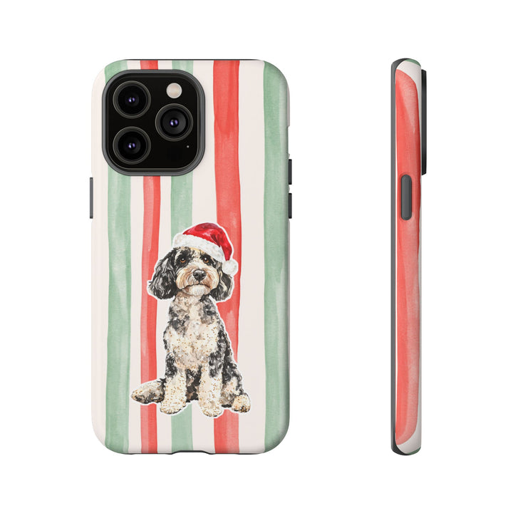 Doodle Christmas Tough iPhone Case, Red Sage Stripes, Santa Dog Phone Cover