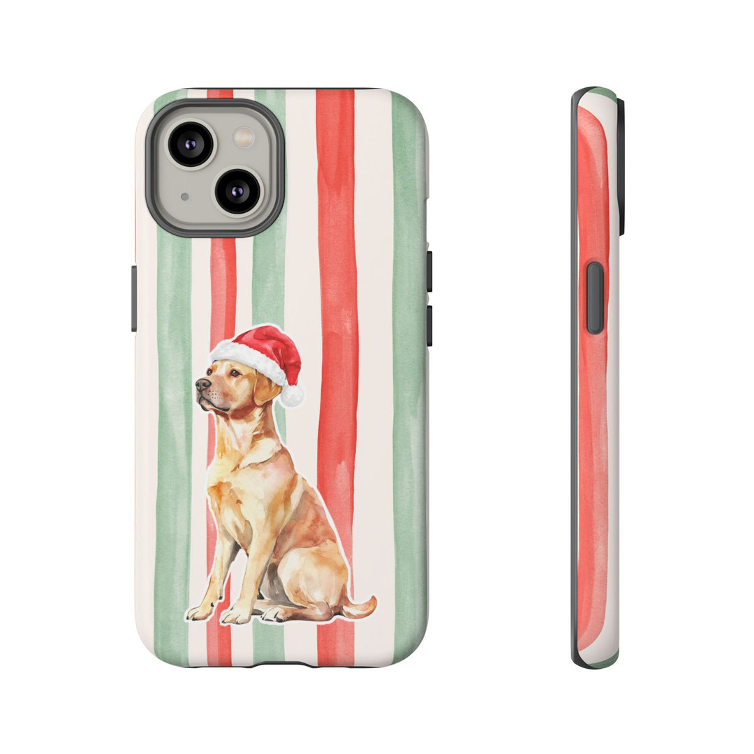 Yellow Labrador Christmas Tough iPhone Case, Red Sage Stripes, Santa Dog Phone Cover